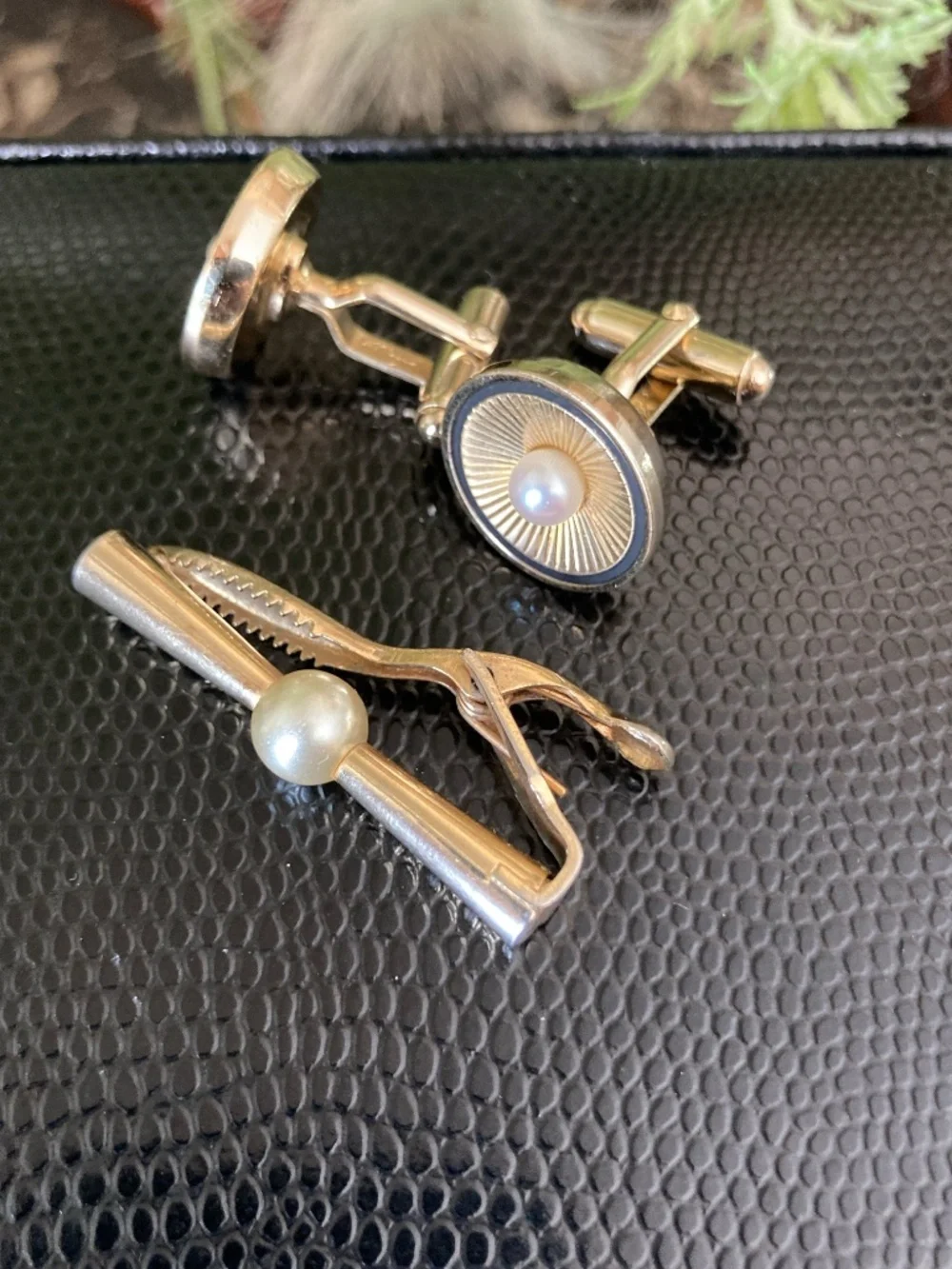 Vintage Anson Gold Tone Pearl  Anson Cufflinks & Swank Tie Bar Dress Set